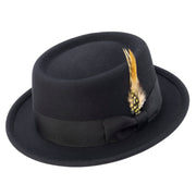 Black Pork Pie Wool Felt Hat with Feather Accent by Montique
