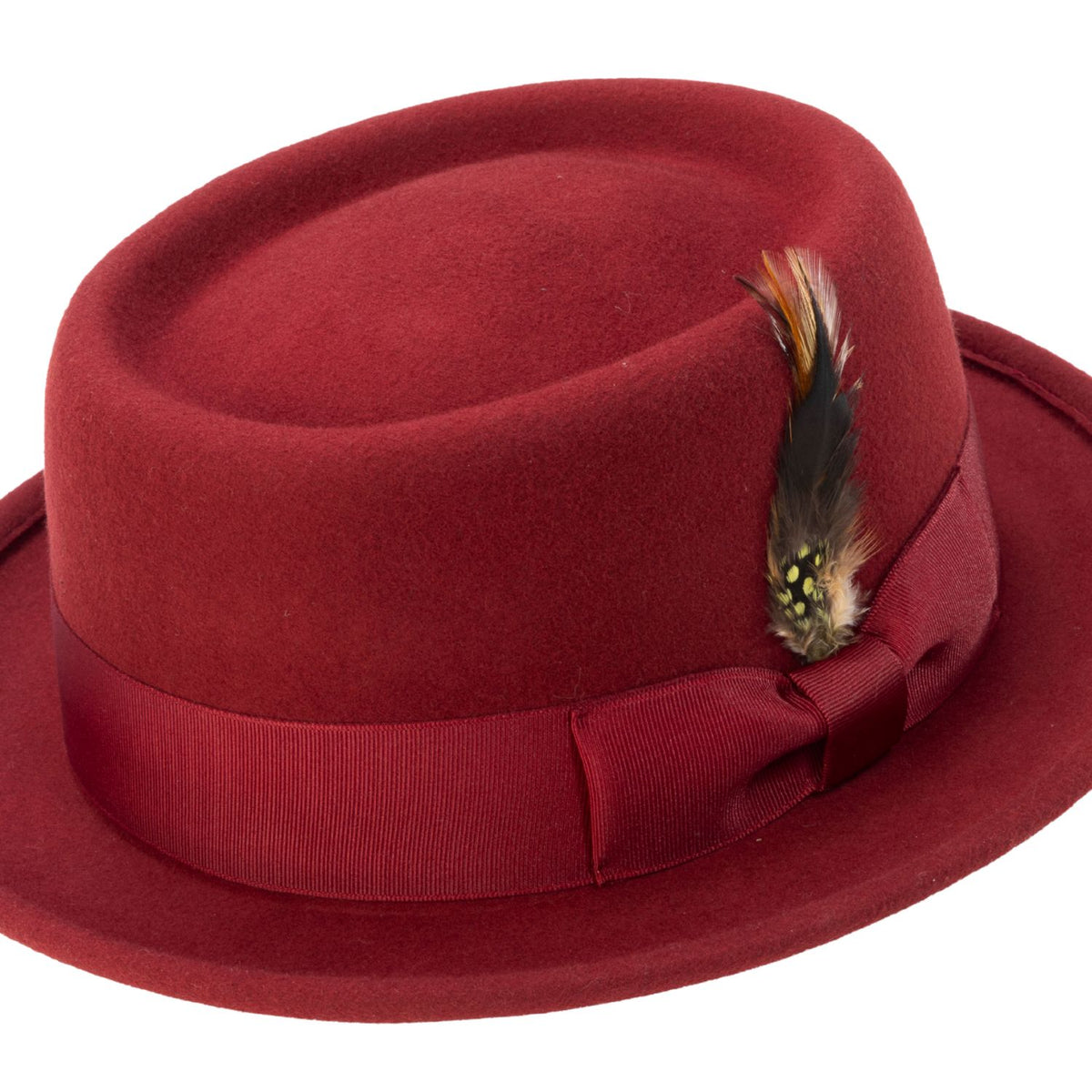 Burgundy pork pie wool felt hat with feather accent by Montique - alternate view