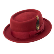 Burgundy Pork Pie Wool Felt Hat with Feather Accent by Montique