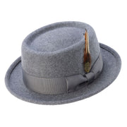 Grey Pork Pie Wool Felt Hat with Feather Accent by Montique