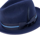 Navy wool felt fedora hat by Montique with striped hat band
