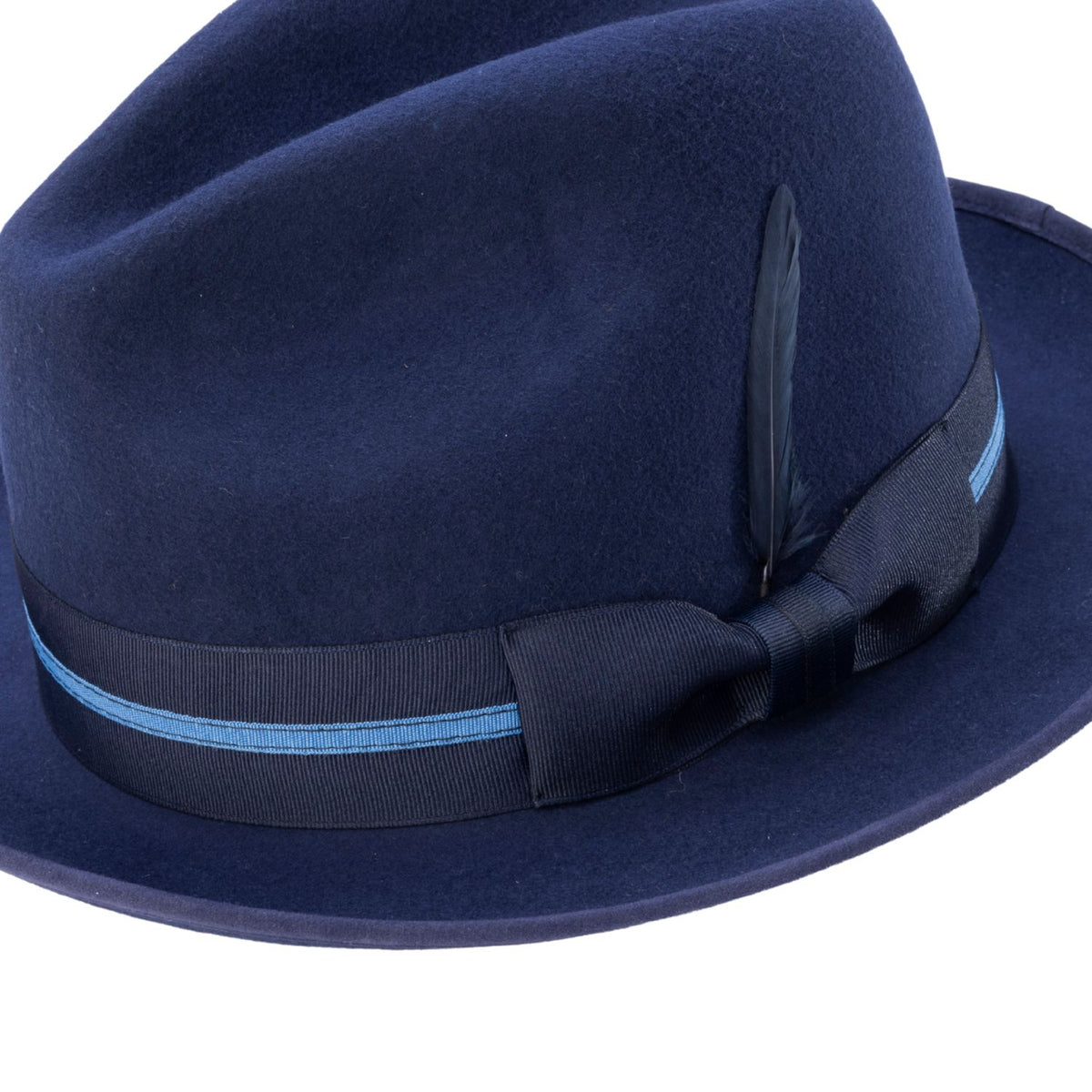 Navy wool felt fedora hat by Montique with striped hat band