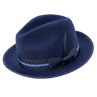 Navy wool felt fedora hat by Montique with striped hat band