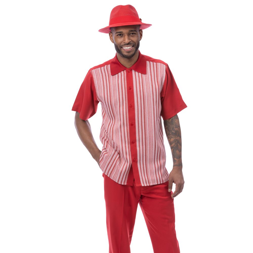 Red polyester men's walking suit short sleeve 2-piece set with red and white woven vertical stripe panel.