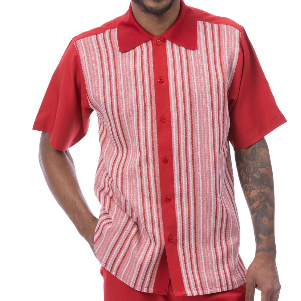Red polyester men's walking suit short sleeve front view showing smooth fabric and matching pants.