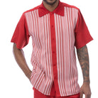 Red polyester men's walking suit short sleeve front view showing smooth fabric and matching pants.