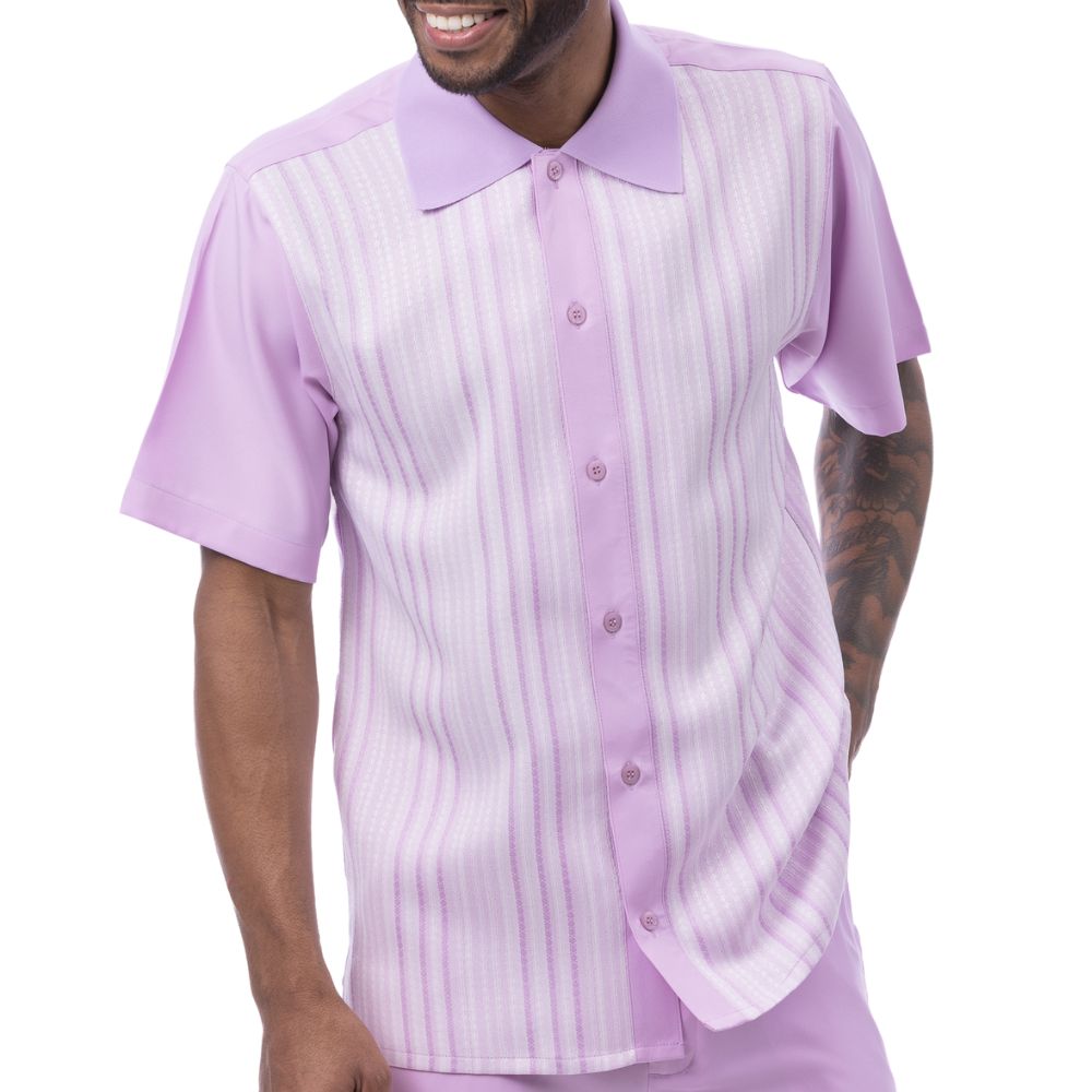 Lavender polyester men's walking suit short sleeve front view showing smooth fabric and matching pants.