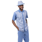 Carolina polyester men's walking suit short sleeve 2-piece set with carolina and white woven vertical stripe panel.