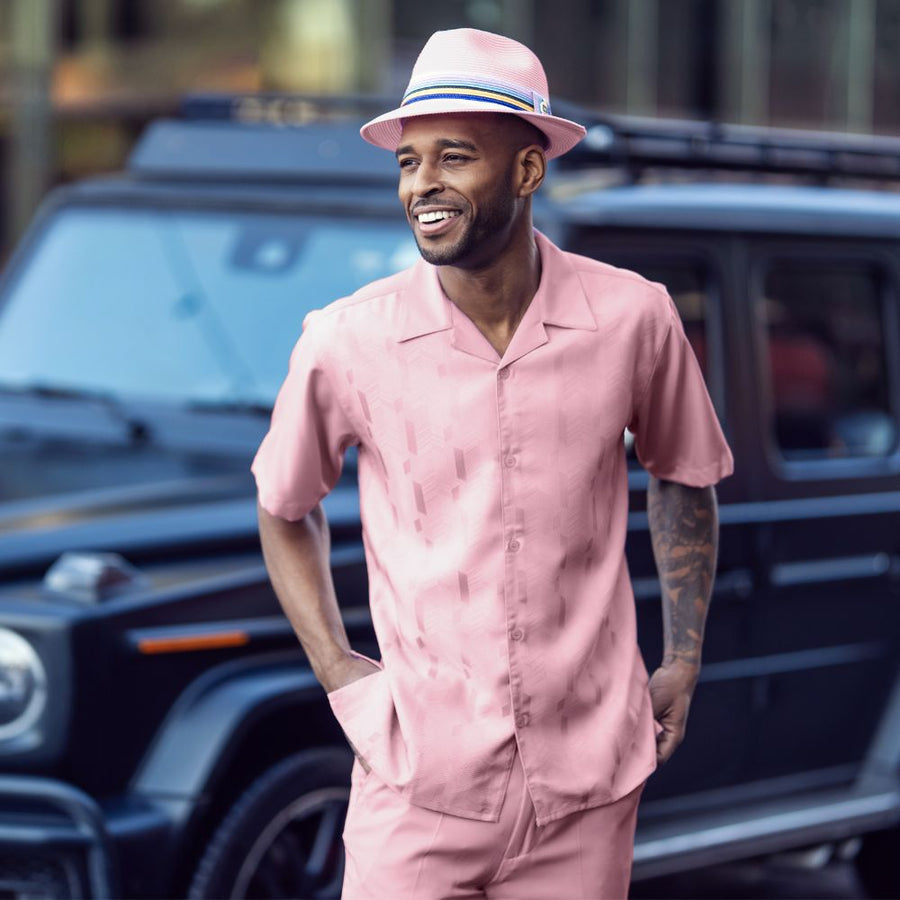 Pink tone-on-tone jacquard men's short sleeve walking suit 2-piece set - Loomline Collection by Montique
