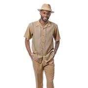 Lineweight Collection: Montique Men's Beige 2-Piece Textured Vertical Line Panel Short Sleeve Set