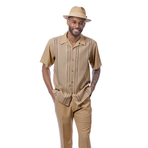 Montique Beige Textured Vertical Line 2-Piece Walking Suit