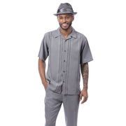 Lineweight Collection: Montique Men's Grey 2-Piece Textured Vertical Line Panel Short Sleeve Set