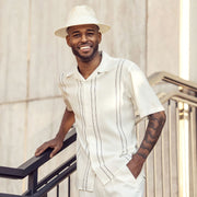 Lineweight Collection: Montique Men's Cream 2-Piece Textured Vertical Line Panel Short Sleeve Set