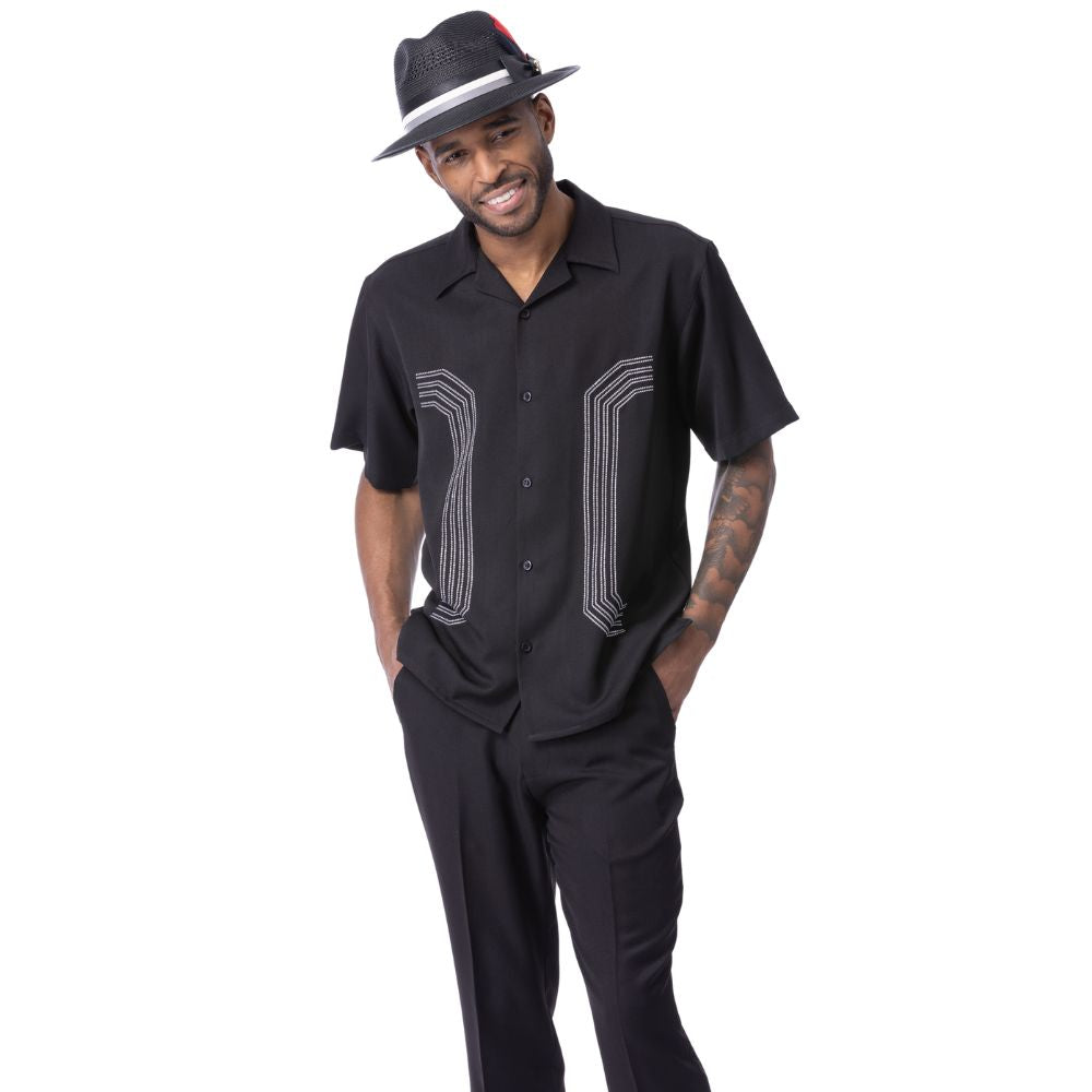 Men’s black 2 piece walking suit with embroidered panel shirt