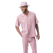 Men’s 2 Piece Short Sleeve Walking Suit with Embroidered Panels - Blush