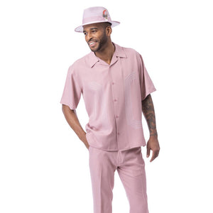 Men’s 2 Piece Short Sleeve Walking Suit with Embroidered Panels - Blush
