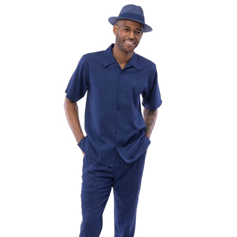 Navy linen-look men's walking suit short sleeve 2-piece set with matching pants - Charpi Collection by Montique, available in big and tall sizes