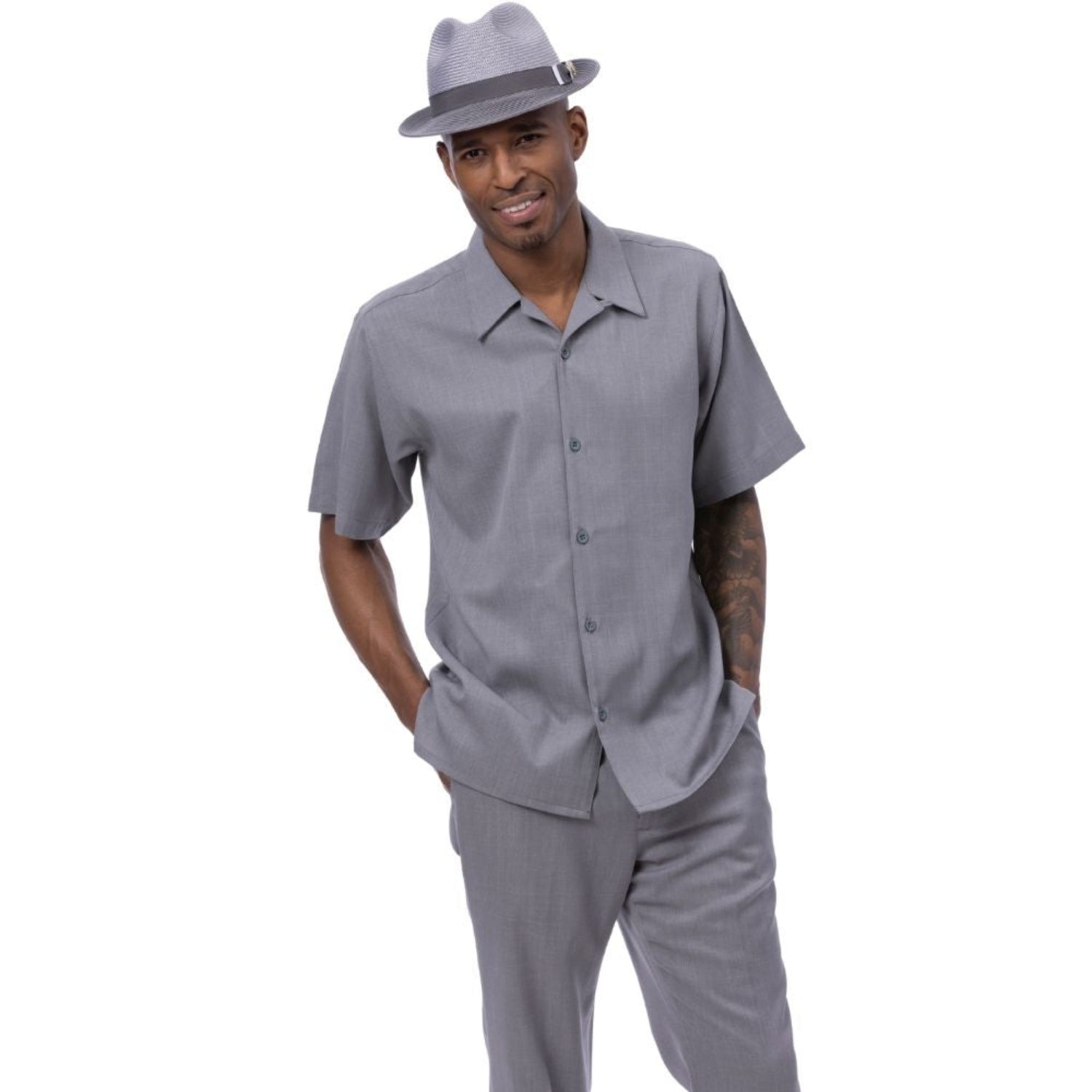 Grey Linen Feel Short Sleeve Walking Suit Set by Montique – Suits
