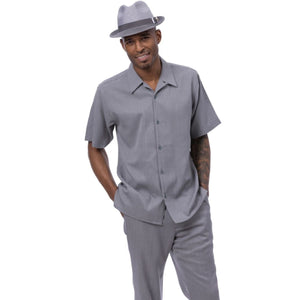 Grey Linen Feel Short Sleeve Walking Suit Set by Montique