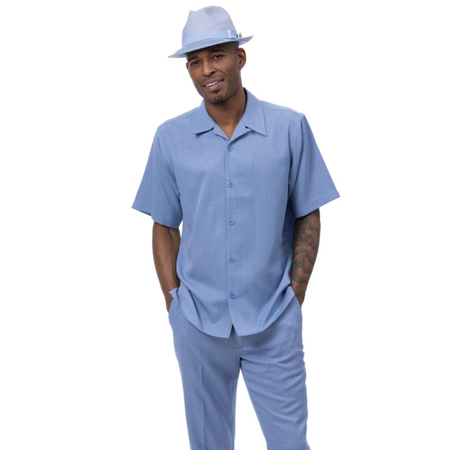Carolina blue linen-look men's short sleeve walking suit 2-piece set with matching pants and a blue dress hat - Charpi Collection by Montique