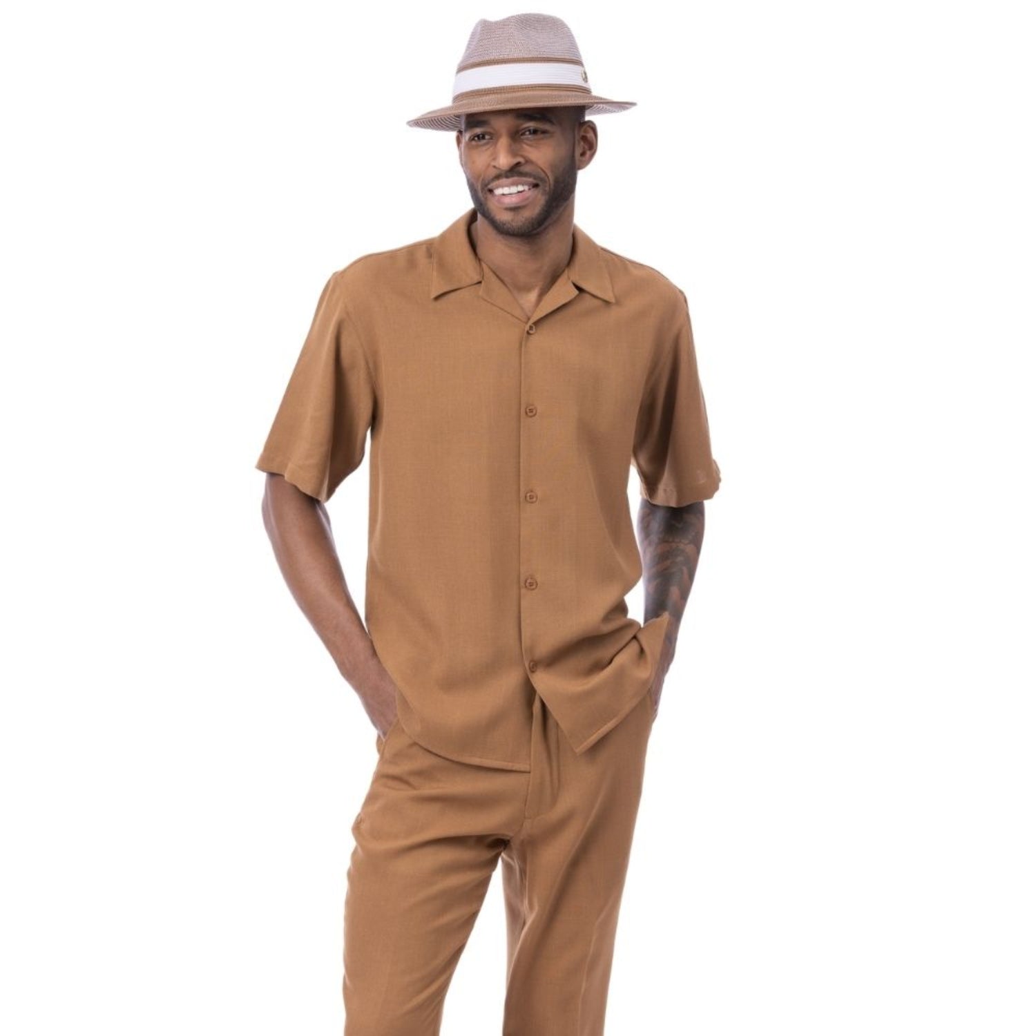 Grey Linen Feel Short Sleeve Walking Suit Set by Montique – Suits
