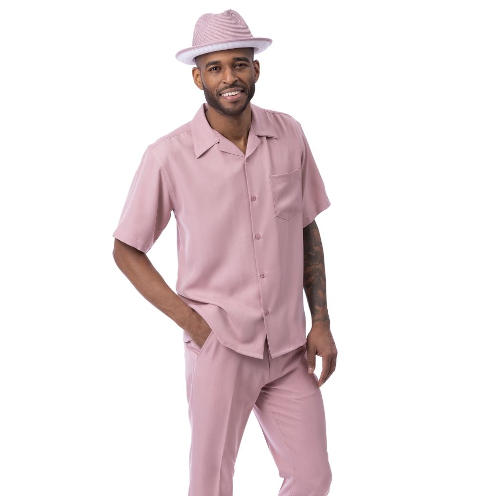 Blush solid men's walking suit short sleeve 2-piece set with matching pants and hat