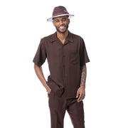 Brown Solid Short Sleeve Walking Suit Set - Classic Fit