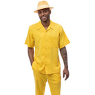 Gold solid men's walking suit short sleeve 2-piece set with matching pants and hat