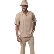 Montique Khaki Walking Suit 2 Piece Solid Color Short Sleeve Set 696