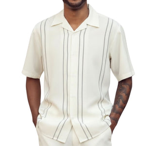 Montique Cream Textured Vertical Line Short Sleeve Shirt