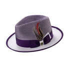 Purple and white center crease fedora hat by Montique.