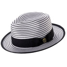 Black aand white striped fedora hat with black ribbon band and Montique pin