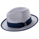 Navy and white striped fedora hat with navy ribbon band and Montique pin