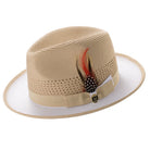 Beige and white two tone ventilated fedora hat with feather