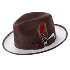 brown and white two tone ventilated fedora hat with feather
