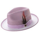 Lavender and white two tone ventilated fedora hat with feather
