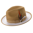 Mustard and white two tone ventilated fedora hat with feather