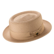 Camel Pork Pie Straw Hat Short Brim with Grosgrain Band by Montique