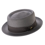 Grey Pork Pie Straw Hat Short Brim with Grosgrain Band by Montique