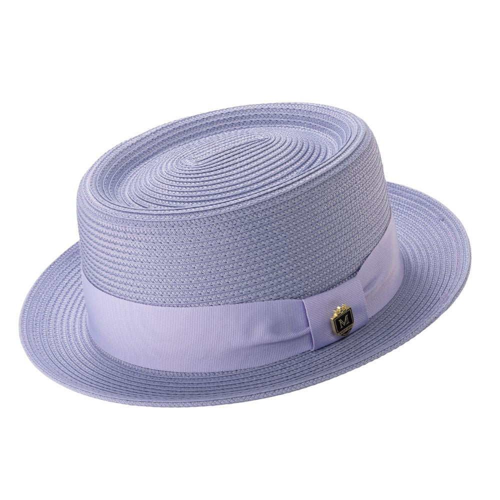 Lilac straw pork pie hat side view