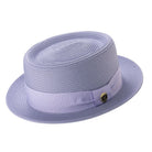Lilac straw pork pie hat side view