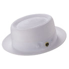 White straw pork pie hat side view