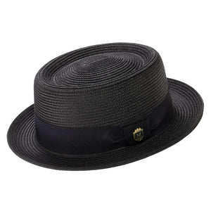 Black Pork Pie Straw Hat Short Brim with Grosgrain Band by Montique