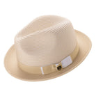 Beige braided two tone stingy brim fedora hat by Montique