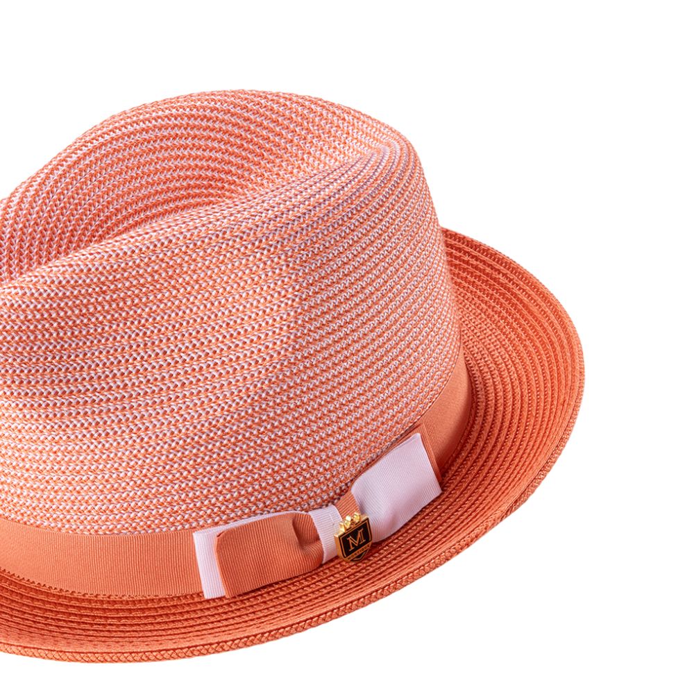 salmon Montique fedora hat with pinch crown and braided finish