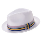 White braided straw fedora hat with multistripe ribbon band