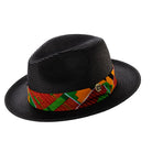 black braided straw fedora hat with african kente print band