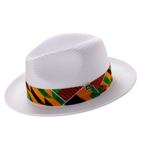 White Braided Straw Fedora Hat with Kente Print Band by Montique