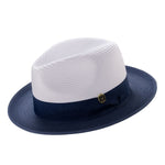 Galanza Collection: Montique Navy Two-tone Pinch Fedora With Matching Grosgrain Ribbon- Wide Brim H47