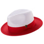 Galanza Collection: Montique Red Two-tone Pinch Fedora With Matching Grosgrain Ribbon- Wide Brim H47